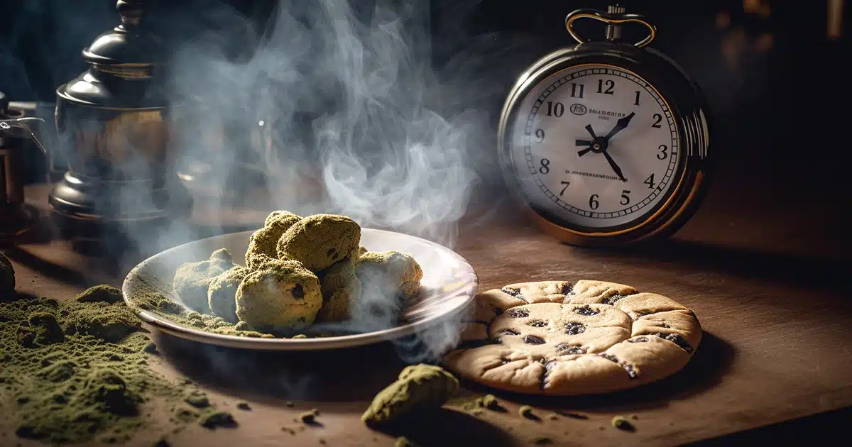 A stopwatch with a cannabis leaf on its face, racing against a plate of infused cookies, leaving a trail of smoke behind.