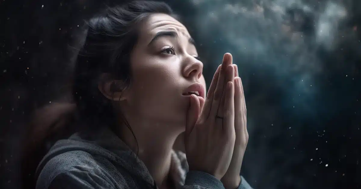 A woman is praying the infamous prayer as she floats around in outer space asking god to help take her uncomfortable high away.