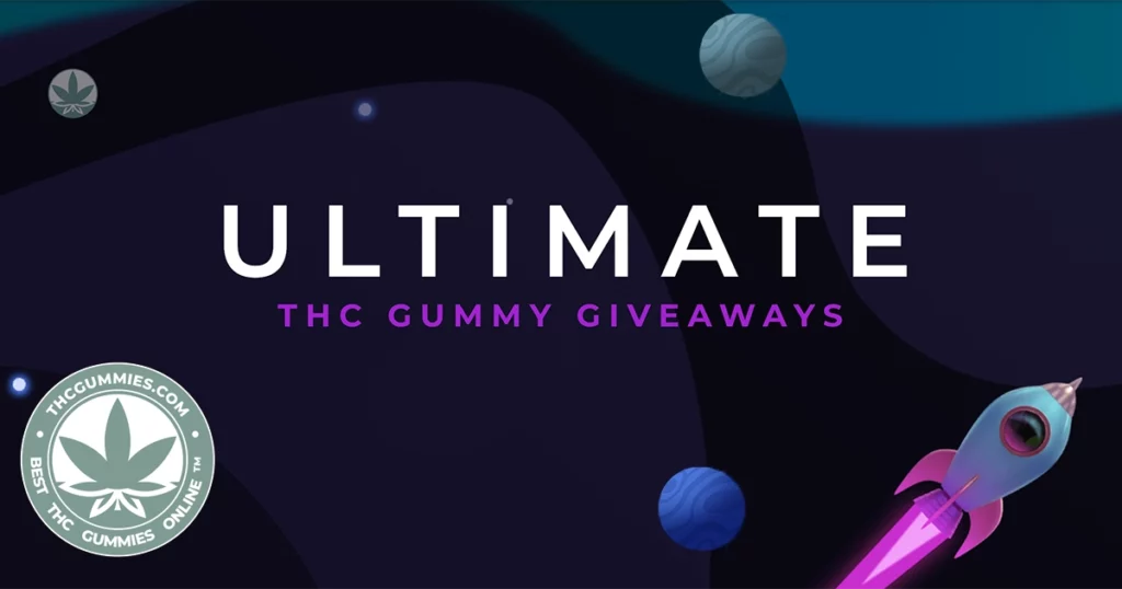 Thcgummies. Com logo next to a spaceship in the cosmos with spinning planets showcasing the blissful adventures our customers can join in on with the ultimate gummy giveaways.
