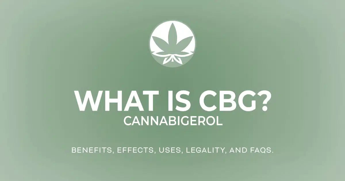 The words 'What is CBG? The benefits, effects, uses, legality, and FAQs' are in white letters on a gradient light pastel green background next to the THCGummies.com logo.