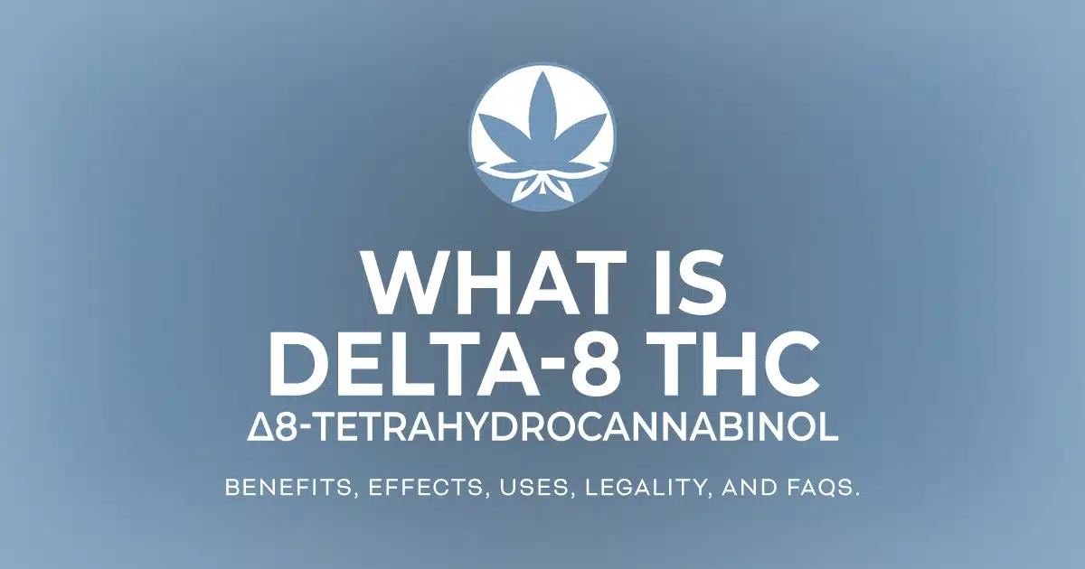 The words 'What is Delta-8 THC? The benefits, effects, uses, legality, and FAQs' are in white letters on a gradient pastel dark blue background next to the THCGummies.com logo.