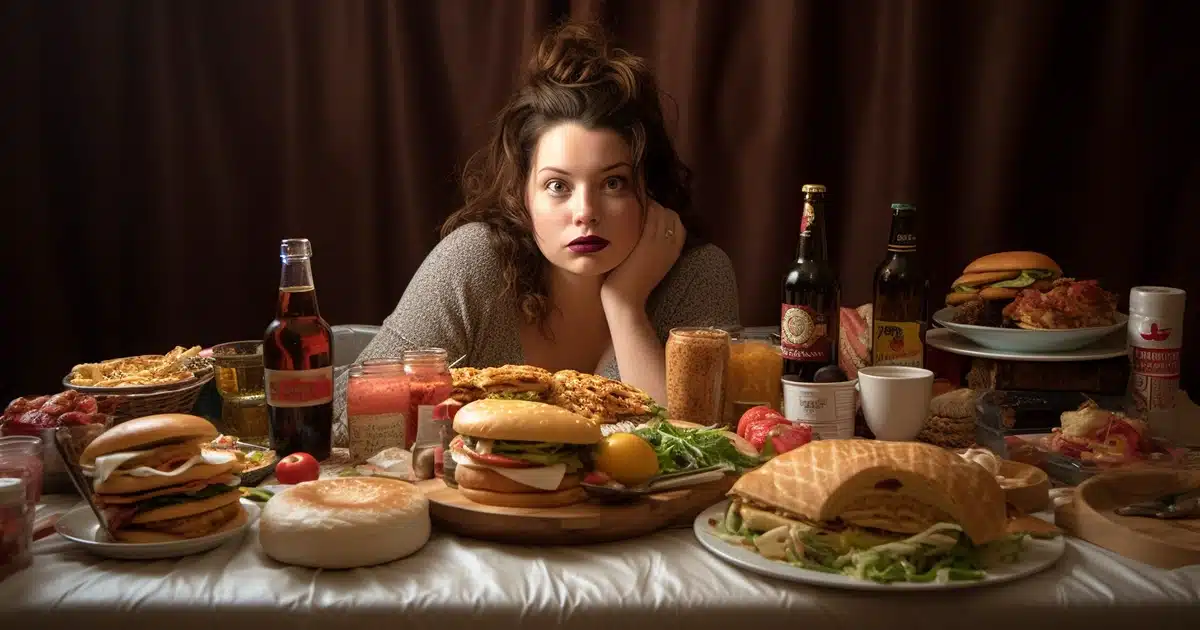 An all-too-familiar scene of a woman looking decidedly uncomfortable after indulging in too much food and now she's wondering how it will effect her THC gummy high as her expression and body language clearly convey a sense of overeating.