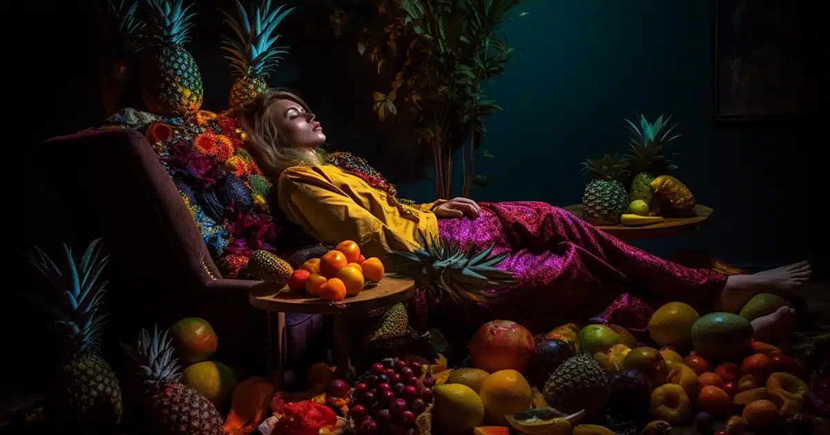 A woman in an underwater oasis drinking water, eating healthy, and resting.