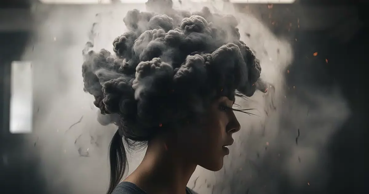 A profile shot of a woman with actual fog around her brain (brain fog).