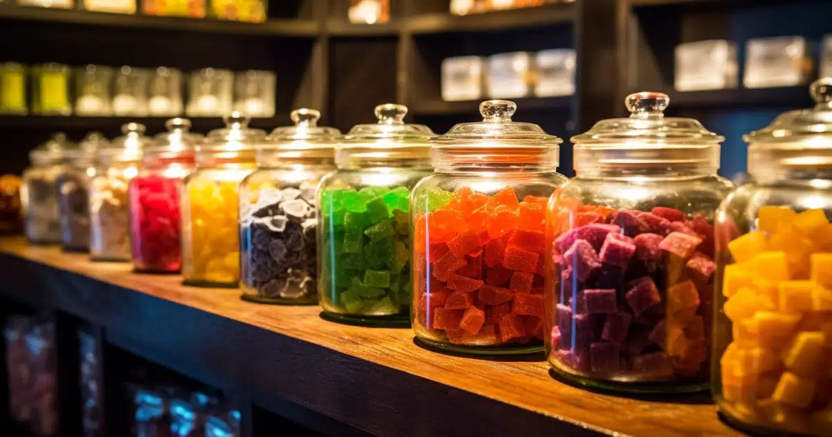 An array of colorful thc edibles in mason jars on shelf