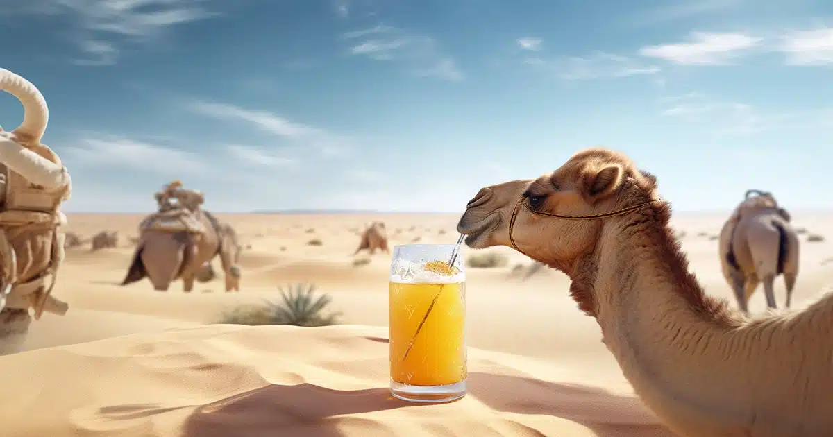 Camel with cottonmouth drinks lemonade in the desert