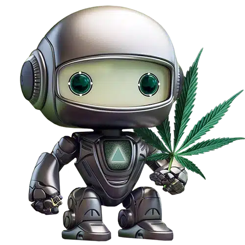 ChatCBD Ai Cannabis assistant holding a cannabis leaf. 