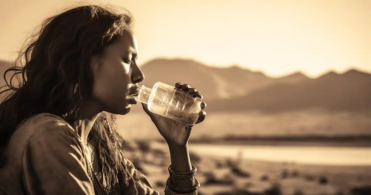 Thirsty woman attempts to drink water in desert