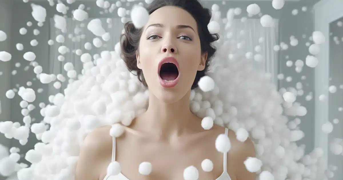 Woman model with her mouth open surrounded by cotton balls