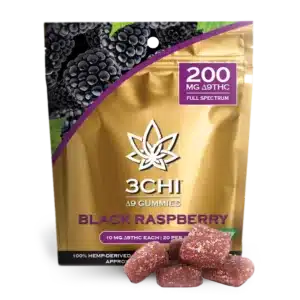 One 20-pack of 3chi Delta-9 Gummies, black raspberry-flavored, 10 mg of D9-THC per gummy.