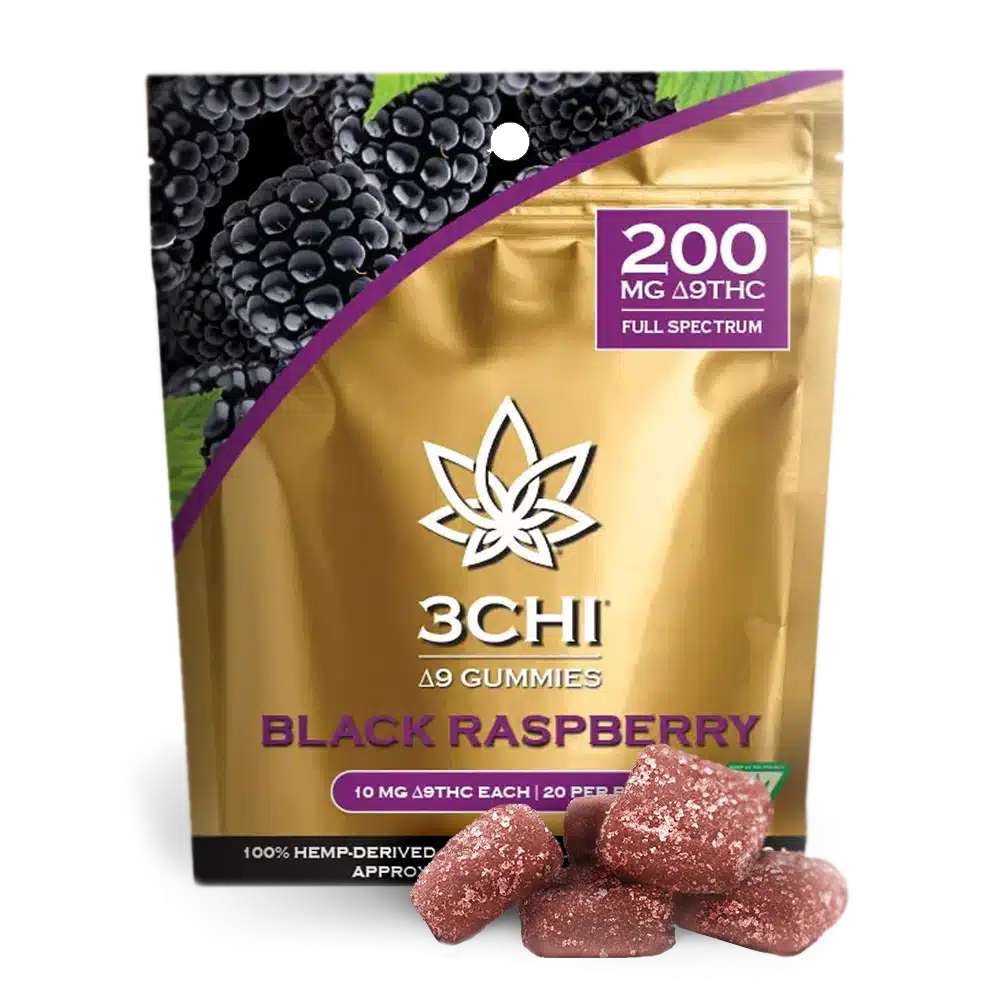 One 20-pack of 3chi delta-9 gummies, black raspberry-flavored, 10 mg of d9-thc per gummy.