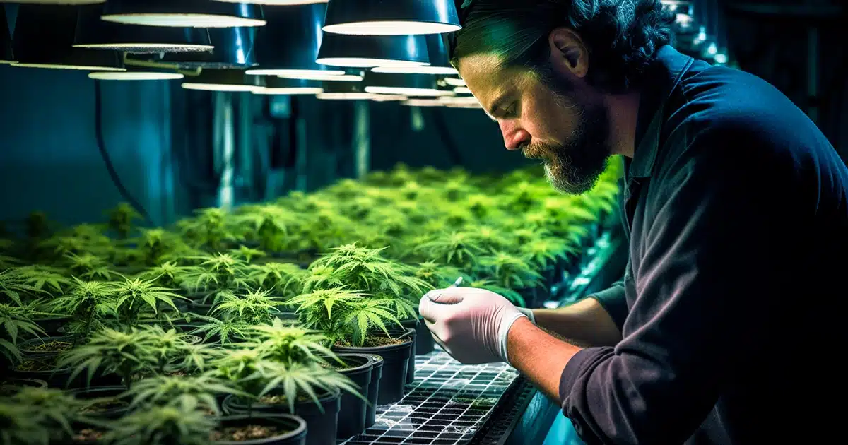 A cannabis botanist is engrossed in scientific scrutiny, delicately handles young marijuana seedlings. The marijuana greenhouse is lush, overflowing with cannabis plants at diverse growth stages. Pervading the space is a smart hydroponic systems, real-time nutrient analyzers, and tablet - controlled climate settings. The botanist is attired in a lab coat embedded with smart sensors, monitoring their physiological responses for research. The facial expression is one of intent focus,