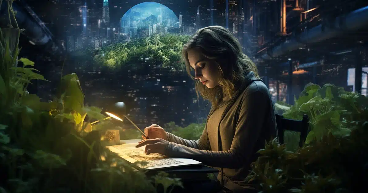 A female author that just finished writing an article on the non-psychotropic nature of cbd, has just inputted the final period to her concluding thoughts as she sits surrounded by the vibrant, technologically-advanced ambiance of a futuristic cannabis city.