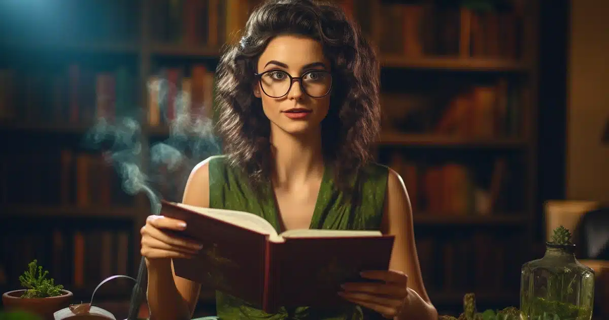 An attractive female librarian is wearing a green blouse with black glasses and red lipstick. She is center stage as she prepares to introduce her audience to a new book in a live-book reading on cannabinoids and cannabis compounds. The librarian casually smokes a tightly rolled cbd preroll to show the audience first hand how cbd doesn't make you high like thc does.