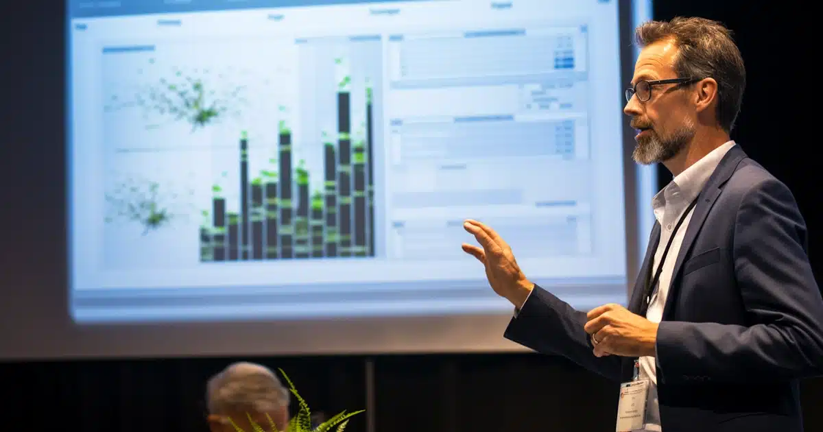 A determined male researcher, at a prestigious global cannabis conference, is standing poised as he presents a comprehensive graph of his research detailing multiple references where the effects of cbd led to psychoactivity in the brain.