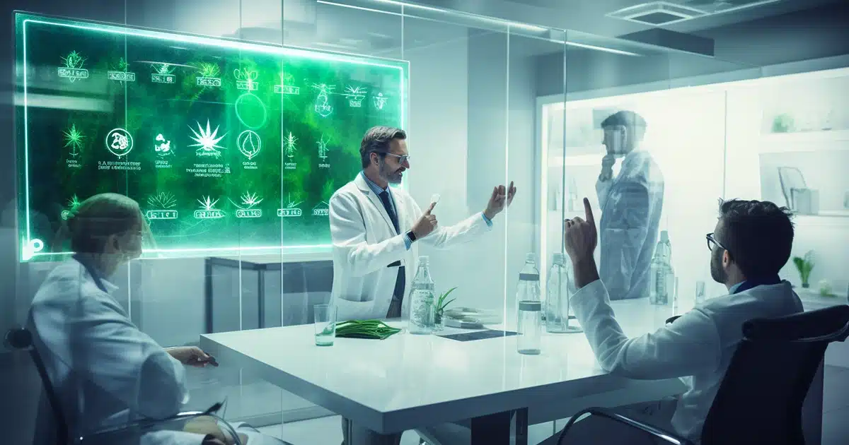 In a modern hospital consultation room filled with advanced medical equipment and interactive screens, a medical marijuana doctor is passionately explaining the therapeutic benefits of thc and cbd to a diverse group of mmj college interns and other healthcare professionals. The doctor, dressed in a crisp white lab coat with an embroidered cannabis leaf, uses an augmented reality display to showcase different marijuana strains and their effects on the human body. Charts of cbd and thc molecular structures float in the air, beside real - time patient data. The atmosphere is serene yet attentive, complemented by adaptive ambient lighting that changes based on the mood of the room.