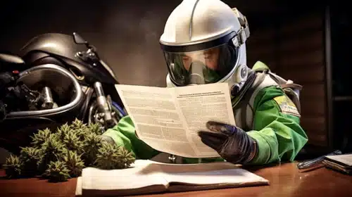 A hyperrealistic photograph that comically illustrates the concept of "the fastest way to read a cannabis document". The focal point is a man in a race car driver outfit, helmet under his arm, humorously attempting to scrutinize a large cannabis document. The driver, equipped with a racing suit adorned with patches and checkered patterns, exhibits an expression of intense focus and a touch of hilarity. His eyebrows furrowed as he squints at the document, his fingers tracing the complex jargon. His helmet, brightly colored and gleaming, sits nearby with an attached GoPro for the absurd touch of recording his reading progress. The document he's reading, a hefty binder or oversized sheet labeled "Cannabis Document", is filled with small print and scientific terminology.