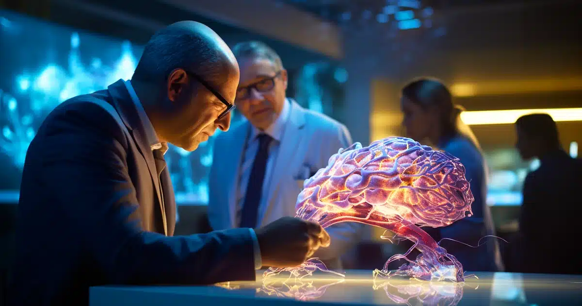 A skilled neurologist in the midst of a diagnostic discussion, intently describes psychoactivity using a brilliantly glowing 3d model of the human brain. The ambient lighting of the clinical setting casts a soft glow, accentuating the intricate neural pathways and structures of the brain model. The neurologist, dressed in a white lab coat and exuding an aura of expertise, draws attention to a specific region, perhaps highlighting an area of concern or interest. Every detail of the model, from the delicate ridges of the cerebral cortex to the deeper structures of the limbic system, is rendered impeccably