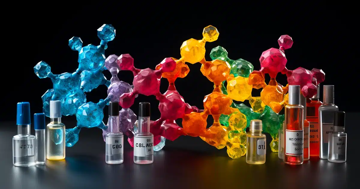 Pestices in bottles with their 3d molecules on display