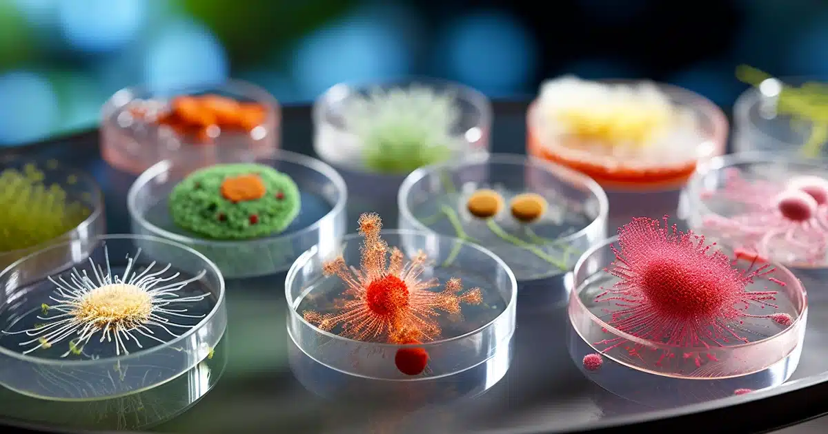 Petri dishes with microbial growth