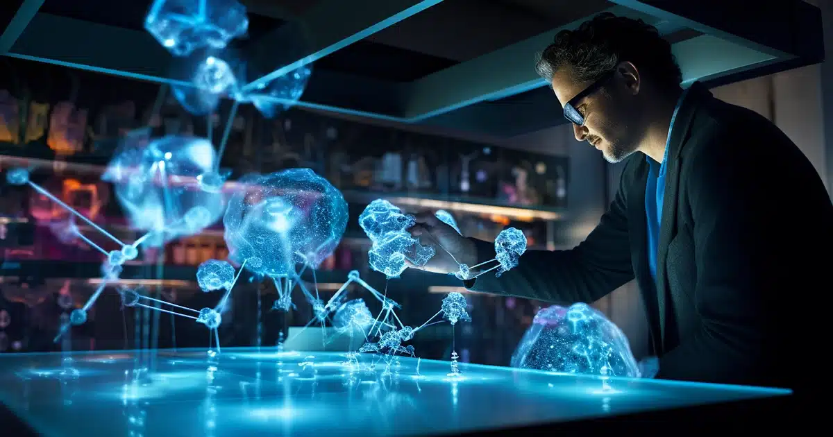 Scientist immersed in observation, peering intently at a 3d molecular model of cbd suspended in mid-air through holographic technology. The laboratory setting is advanced, featuring quantum computers, touch-sensitive glass panels, and biometric security measures. Light sources emanate from both the high - tech equipment and subtle overhead led lights, casting a dynamic mix of shadows and highlights. The scientist wears a lab coat equipped with smart fabric technology and holds a glass tablet displaying real - time data. Expressions of awe and focus fill the scientist's face, eyes magnified by smart glasses providing augmented reality analytics.