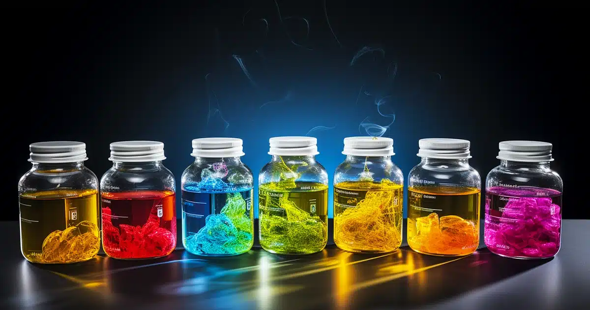 Seven lab bottles filled with residual solvents in different colors
