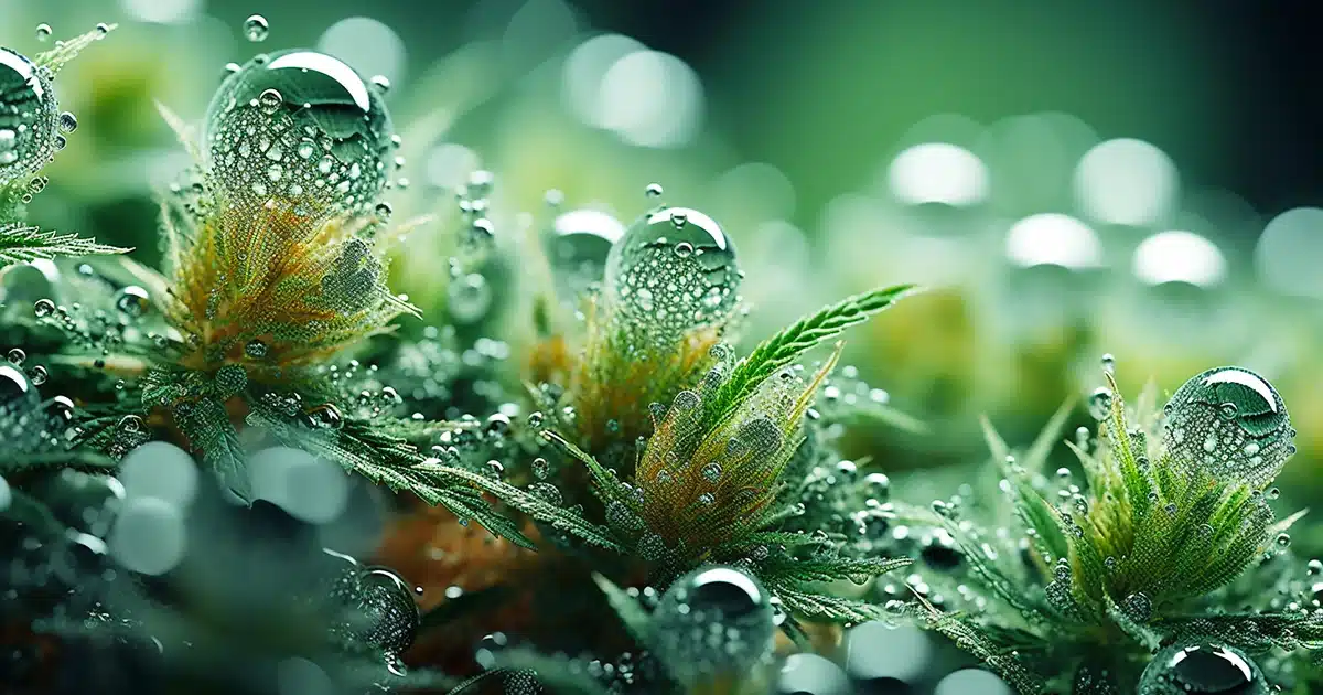 Water droplets on hemp plants illustrating moisture content