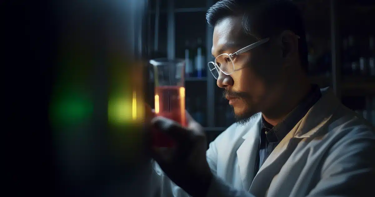 Asian chemist works with test tubes carrying out new cbd thc study
