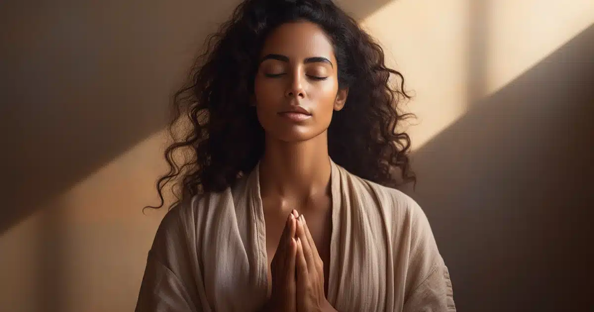 A gorgeous woman with light caramel skin, enjoys marijuana before immersing herself into deep meditation. Every nuance of her features in pristine clarity. Her eyes are gently closed, and her face reflects a state of inner peace and serenity. The subtle sheen of her skin is accentuated by the soft, ambient light, which casts a gentle glow, highlighting her pronounced cheekbones and the delicate curve of her lips. Her attire, is light, breathable fabric in tan tones, complements the meditative mood. Set against a blurred backdrop of a serene environment, maybe a quiet room with soft drapery or a tranquil outdoor setting, the focus remains intently on her, symbolizing the essence of mindfulness and inner focus. This hyperrealistic image resonates with the profound depth of meditation and the ethereal beauty of inner peace.