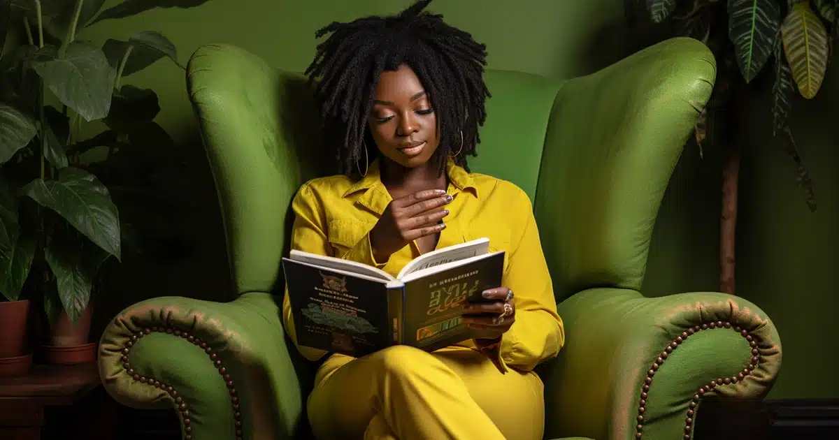 A beautiful black woman of African-descent is wearing a yellow jumpsuit as she sits on a big comfortable green recliner as she learns about THC gummies by reading a book titled, THC Edibles For Dummies.