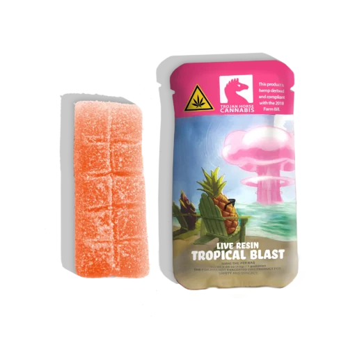 The clearet look at the outside and the inside of Trojan Horse Cannabis Live Resin THC Gummy Single Packs. WIth Eye Catching colors on the product label and unusually but extremely helpful dose scored engraved into the gummy, users, readers, and viewers can only get excited when viewing this photo.