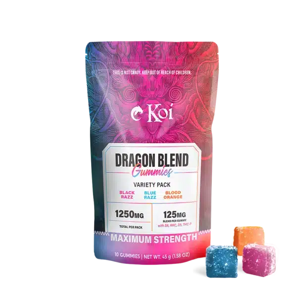 1 pack of koi dragon blend gummies variety pack, with all 3 flavors of gummies on the outside for a visual example.