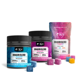 Koi dragon blend gummy collection featuring three options of flavors (Black Razz, Blue Razz, and Blood Orange) and two sizes (20 gummies in a jar, 10 gummies in a pack).