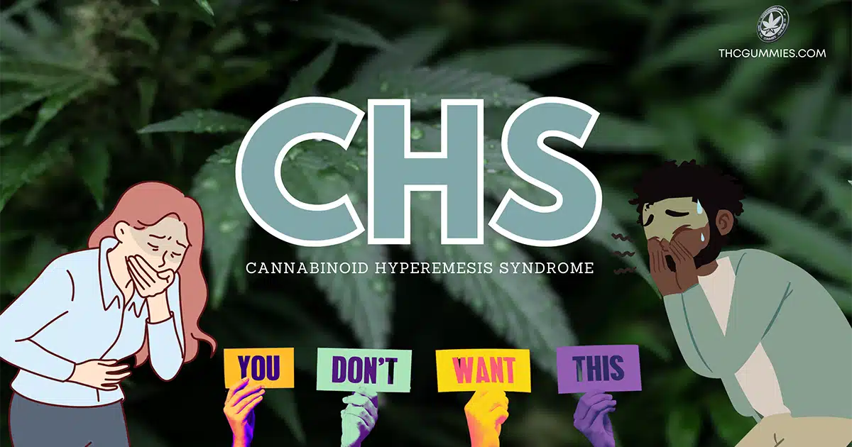 In big bold green letters, the photo reads 'chs'. Beneath, 'cannabinoid hyperemesis syndrome' in white font. Two cartoon characters are showing symptoms of vomiting and severe stomach pain. There are four colorful signs with each sign holding one word and collectively they read, 'you don't want this. ' all on a dark green marijuana leaf 4k hd background.