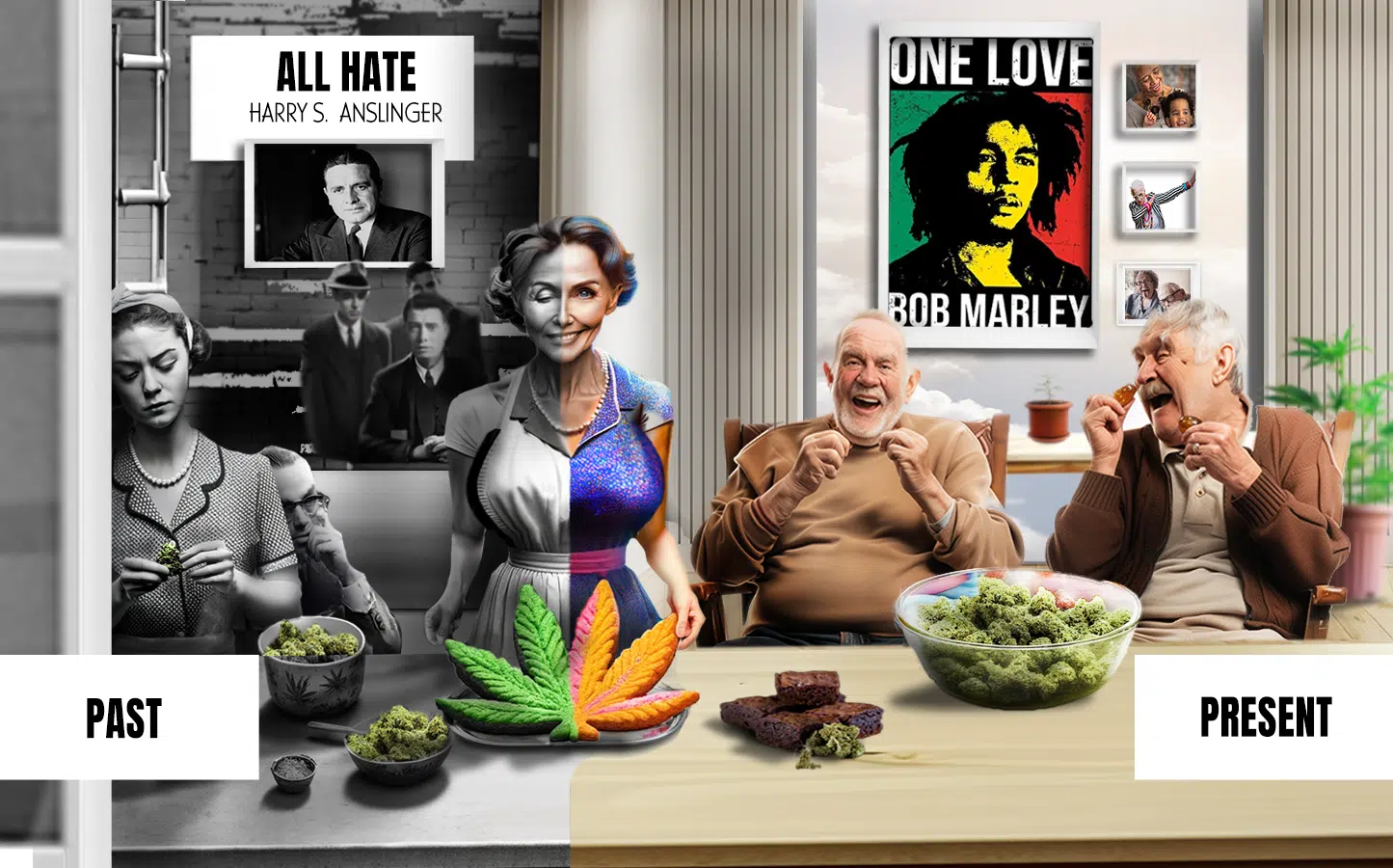 Opinions of cannabis edibles have changed over generations. This image shows harry s. Anslinger on the left side in black and white with the words 'all hate' next to his name. On the right side, you see bob marley and lots of colorful good vibrations with the words 'one love' by his name. From past to present, the outlook on cannabis has evolved and now, its time to see how safe thc edibles and gummies are for senior citizens.