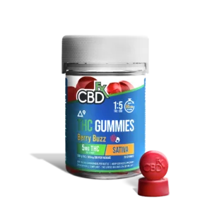 A bottle of CBDFX Berry Buzz Gummies on a white background with light and shadow effects. There are two vibrantly red gummies on the outside of the bottle to give customers a vivid look at what to expect.