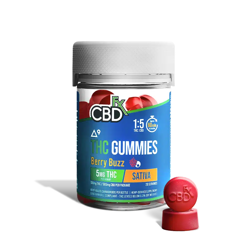 A bottle of cbdfx berry buzz gummies on a white background with light and shadow effects. There are two vibrantly red gummies on the outside of the bottle to give customers a vivid look at what to expect.