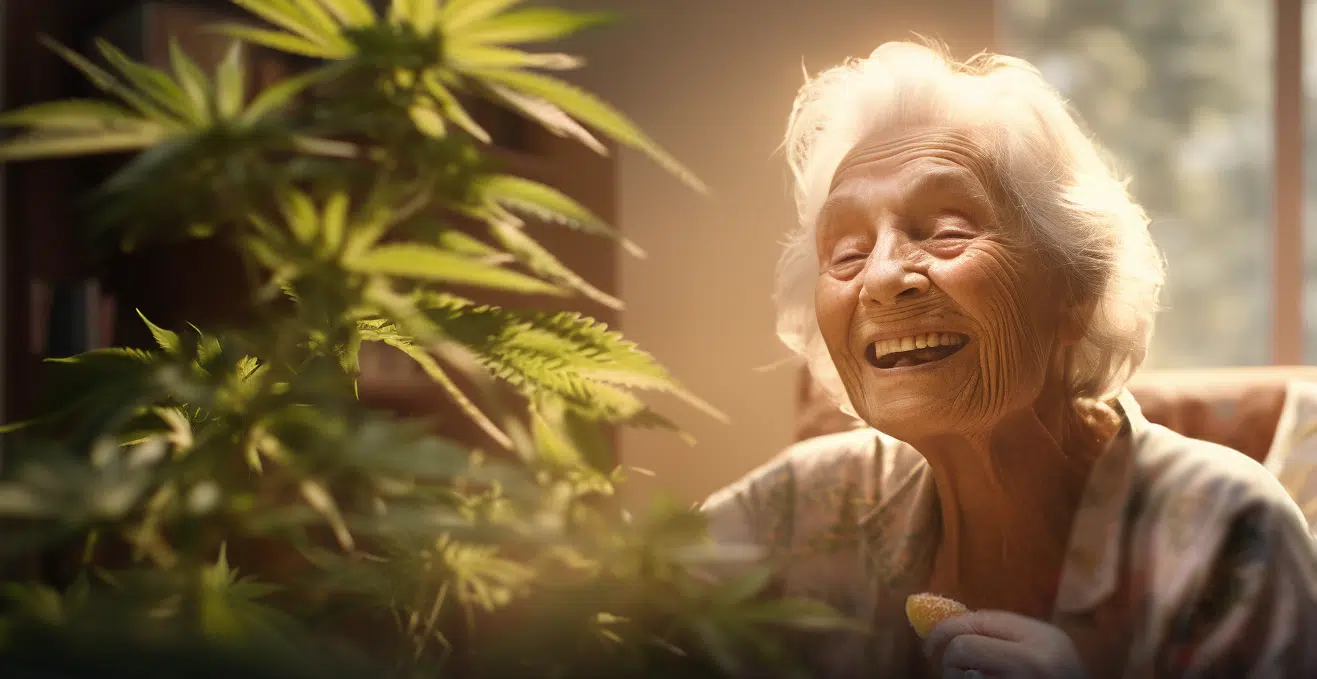 Older betty white look a like smiling as she holds a thc gummy